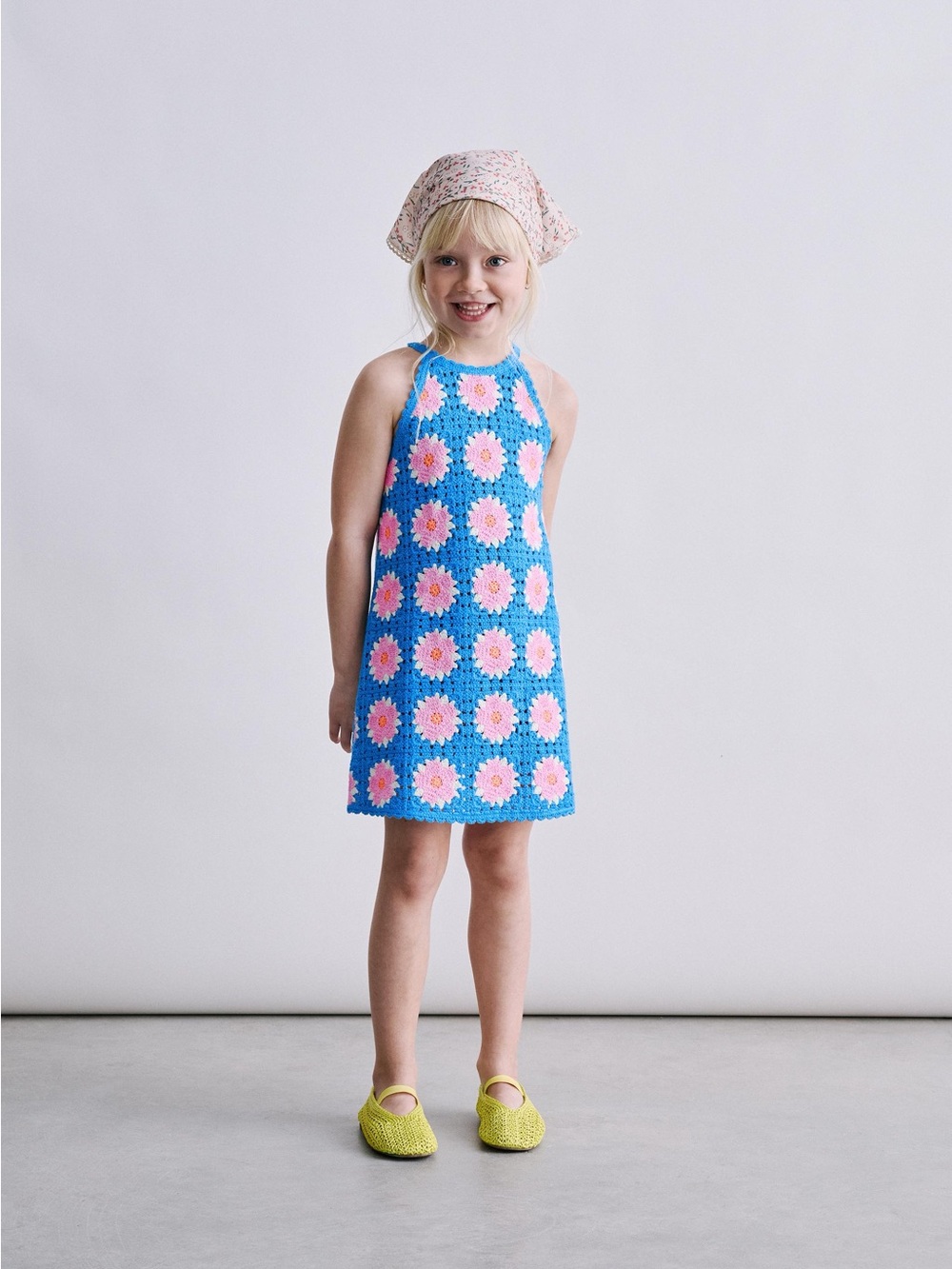 Zara Blue Halter Crochet Dress with Pink Floral Motifs